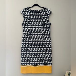 Navy/white/yellow cap sleeve straight line dress, belt loops & small back slit